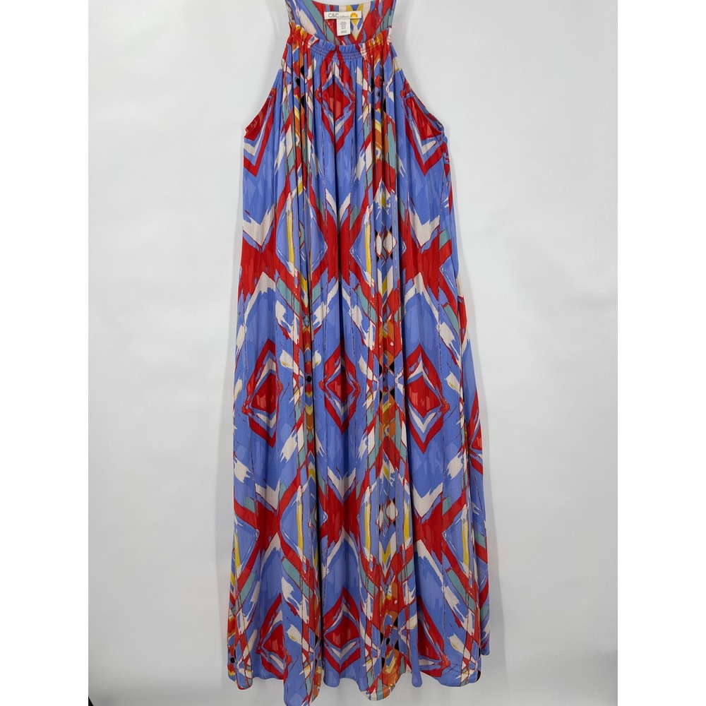 C&C California Blue Red Geometric Ikat Print Maxi Dress M Boho Festival Pockets